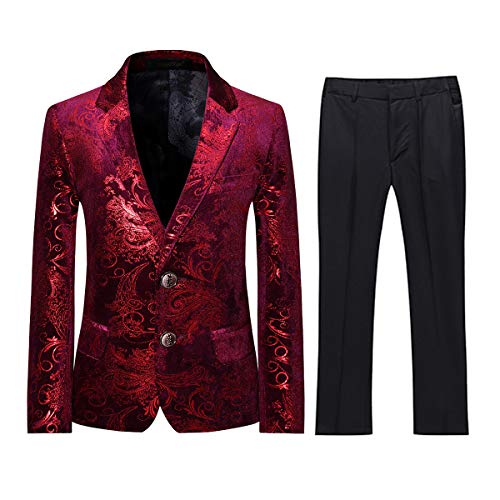 Jungen Kostüm 2 Teilig Klassisch Gold Floral Jacquard Slim Fit Allerheiligen Hochzeit Ball Tuxedo Jacke und Hose 6 Farben(Rot 12 Jahre) von Sliktaa