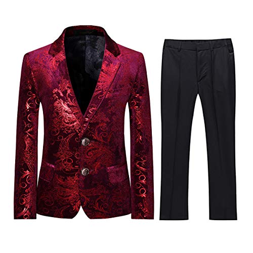 Sliktaa Jungen Kostüm 2 Teilig Klassisch Gold Floral Jacquard Slim Fit Allerheiligen Hochzeit Ball Tuxedo Jacke und Hose 6 Farben Rot 6 Jahre von Sliktaa