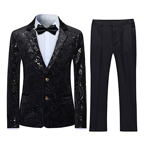 Jungen Kostüm 2 Teilig Klassisch Gold Floral Jacquard Slim Fit Allerheiligen Hochzeit Ball Tuxedo Jacke und Hose 6 Farben(Schwarz 16 Jahre/170) von Sliktaa