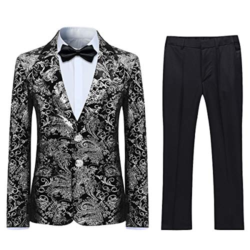 Sliktaa Jungen Kostüm 2 Teilig Klassisch Gold Floral Jacquard Slim Fit Allerheiligen Hochzeit Ball Tuxedo Jacke und Hose 6 Farben Silber 16 Jahre von Sliktaa