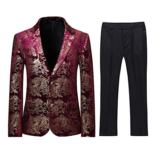 Jungen Kostüm 2 Teilig Klassisch Gold Floral Jacquard Slim Fit Allerheiligen Hochzeit Ball Tuxedo Jacke und Hose 6 Farben(Violett 14 Jahre) von Sliktaa