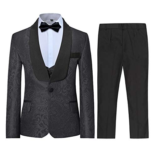 Sliktaa 3-Stücke Jungen Anzug Slim Fit Jacquard Smoking Formelle Schalkragen Jacke Weste Hosen Ring Träger Outfit Hochzeit Prom Schwarz 12 Jahre von Sliktaa