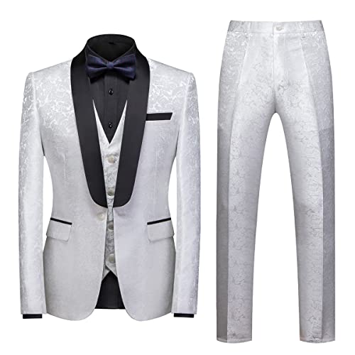 Sliktaa Anzug Herren 3-Teillig mit Schalkragen Muster Hochzeit Formell Business Smoking Jacke Weste und Hose(Weiß 3XL) von Sliktaa