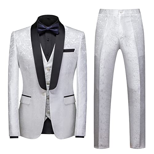 Sliktaa Anzug Herren 3-Teillig mit Schalkragen Muster Hochzeit Formell Business Smoking Jacke Weste und Hose Weiß XXL von Sliktaa