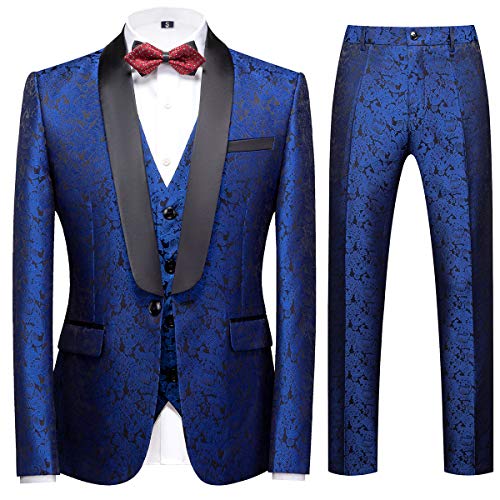 Sliktaa Anzug Herren 3-Teillig mit Schalkragen Muster Hochzeit Formell Business Smoking Jacke Weste und Hose Blau L von Sliktaa