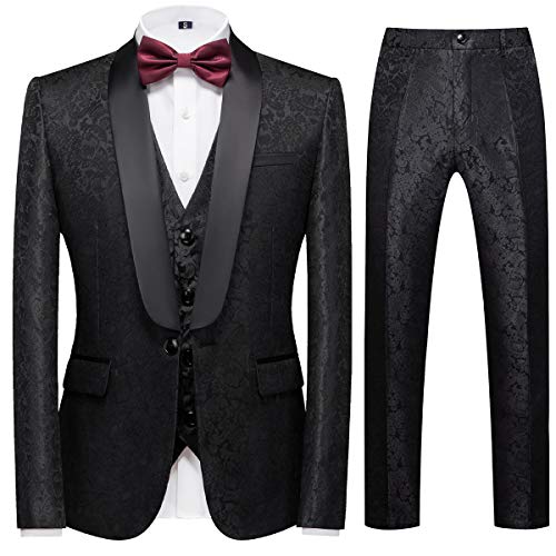 Sliktaa Anzug Herren 3-Teillig mit Schalkragen Muster Hochzeit Formell Business Smoking Jacke Weste und Hose Schwarz S von Sliktaa