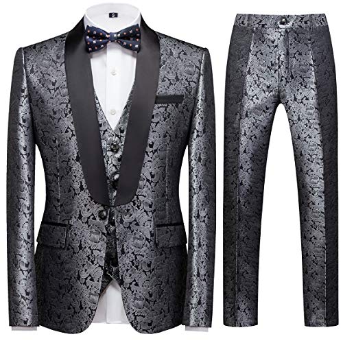 Sliktaa Anzug Herren 3-Teillig mit Schalkragen Muster Hochzeit Formell Business Smoking Jacke Weste und Hose Silber XL von Sliktaa