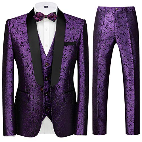 Sliktaa Anzug Herren 3-Teillig mit Schalkragen Muster Hochzeit Formell Business Smoking Jacke Weste und Hose Violett M von Sliktaa