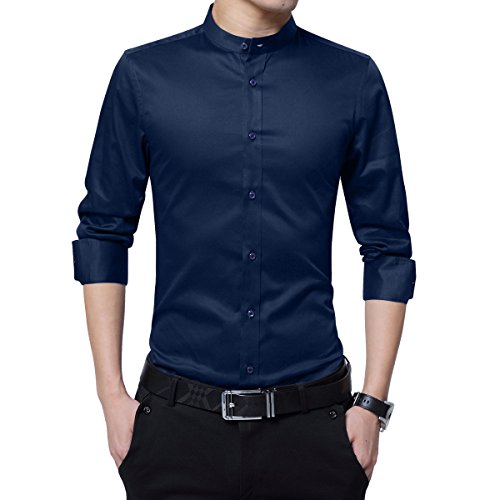Sliktaa Hemd Herren Stehkragen Slim Fit Langarm Business Hochzeit Formale Shirt Smoking Baumwolle Dunkel Blau XL von Sliktaa