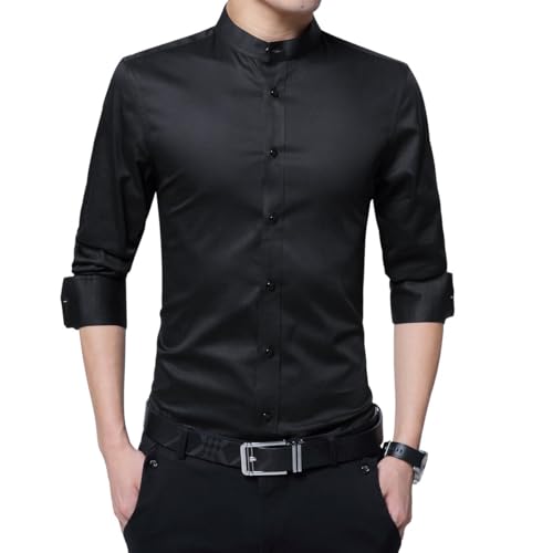 Sliktaa Hemd Herren Stehkragen Slim Fit Langarm Business Hochzeit Formale Shirt Smoking Baumwolle Schwarz M von Sliktaa