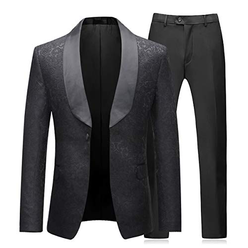 Sliktaa Herren 2 Teilig Jacquard Smoking Slim Fit Hochzeit Anzug mit Schalkragen Schwarz XXL von Sliktaa