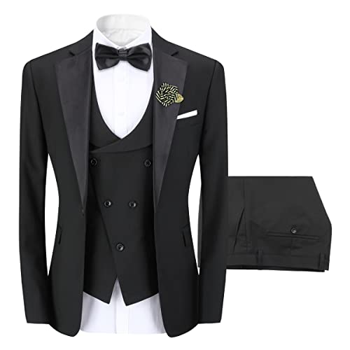 Sliktaa Herren 3-Teiliger Anzug Slim Fit Formeller Hochzeit Büro Blazer Weste und Hose Mehrfarbig Schwarz L von Sliktaa