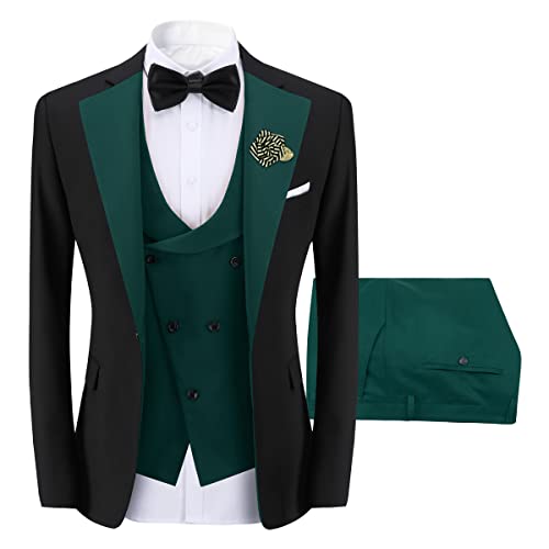 Sliktaa Herren 3-Teiliger Anzug Slim Fit Formeller Hochzeit Büro Blazer Weste und Hose Mehrfarbig Dunkelgrün S von Sliktaa