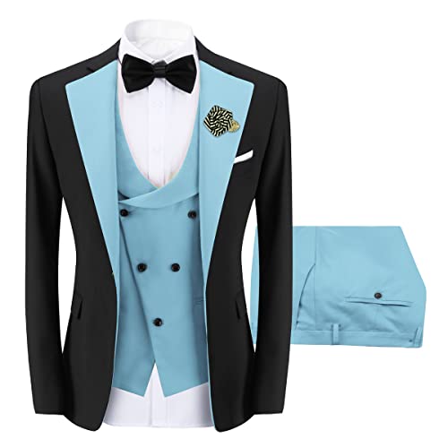 Sliktaa Herren 3-Teiliger Anzug Slim Fit Formeller Hochzeit Büro Blazer Weste und Hose Mehrfarbig Hellblau XL von Sliktaa