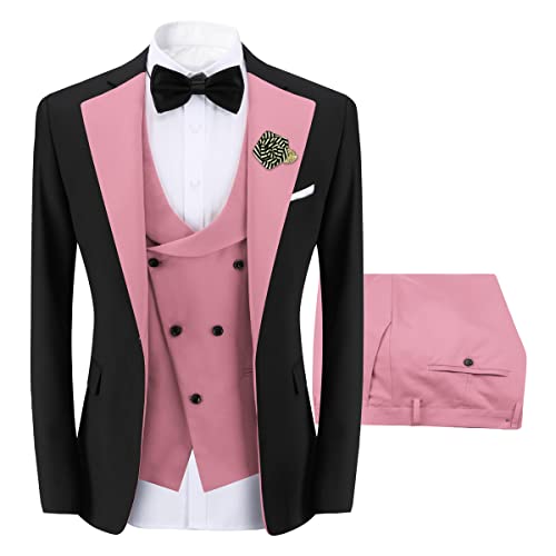 Sliktaa Herren 3-Teiliger Anzug Slim Fit Formeller Hochzeit Büro Blazer Weste und Hose Mehrfarbig Rosa XXL von Sliktaa