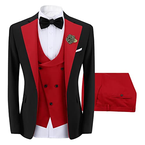 Sliktaa Herren 3-Teiliger Anzug Slim Fit Formeller Hochzeit Büro Blazer Weste und Hose Mehrfarbig Rot M von Sliktaa