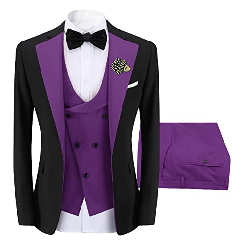 Sliktaa Herren 3-Teiliger Anzug Slim Fit Formeller Hochzeit Büro Blazer Weste und Hose Mehrfarbig Violett XXL von Sliktaa