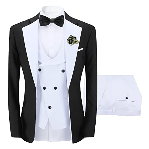 Sliktaa Herren 3-Teiliger Anzug Slim Fit Formeller Hochzeit Büro Blazer Weste und Hose Mehrfarbig Weiß XXL von Sliktaa