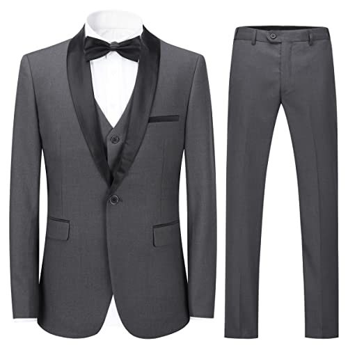 Sliktaa Herren Anzüge 3 Stück Slim Fit Hochzeit Formale Abendessen Anzug Schwarz Eine Taste Gekerbt Revers Smoking Blazer Jacke Hose und Weste(Grau 3XL) von Sliktaa