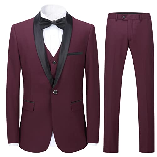 Sliktaa Herren Anzüge 3 Stück Slim Fit Hochzeit Formale Abendessen Anzug Schwarz Eine Taste Gekerbt Revers Smoking Blazer Jacke Hose und Weste(Rot 3XL) von Sliktaa