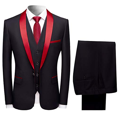 Sliktaa Herren Anzüge 3 Stück Slim Fit Hochzeit Formale Abendessen Anzug Schwarz Eine Taste Gekerbt Revers Smoking Blazer Jacke Hose und Weste(Rot Kragen 3XL) von Sliktaa