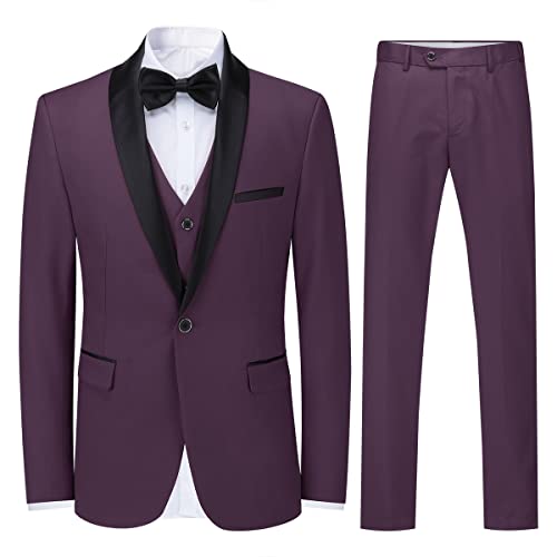 Sliktaa Herren Anzug 3 Teilig Slim Fit Reihe Einfarbig Stoff Business Shawl Kragen Klassisch Tunika #976 Lila L von Sliktaa