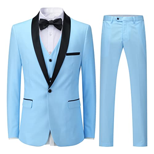 Sliktaa Herren Anzug 3 Teilig Slim Fit Reihe Einfarbig Stoff Business Shawl Kragen Klassisch Tunika(Sky Blau L) von Sliktaa