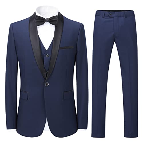 Sliktaa Herren Anzug 3 Teilig Slim Fit Reihe einfarbig Stoff Business Shawl Kragen Blau Large von Sliktaa