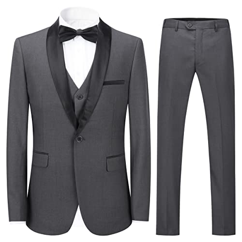 Sliktaa Herren Anzug 3 Teilig Slim Fit Reihe einfarbig Stoff Business Shawl Kragen Grau Medium von Sliktaa
