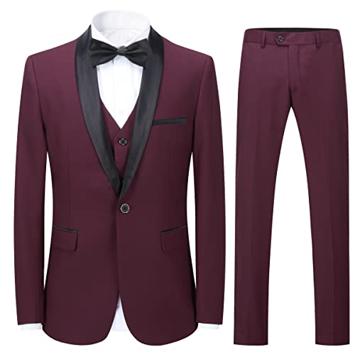 Sliktaa Herren Anzug 3 Teilig Slim Fit Reihe einfarbig Stoff Business Shawl Kragen Rot X-Large von Sliktaa