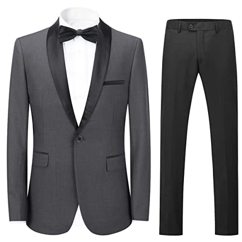 Sliktaa Herren Anzug Slim Fit Zweiteilig mit Schalkragen Hochzeit Büro Party schmale Passform Sakko Hose(Grau XL) von Sliktaa