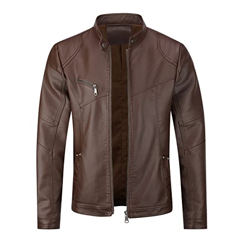 Sliktaa Herren Jacke aus Kunstleder mit Stehkragen Übergangsoberteil Lässig Motorrad Piloten Reißverschluss Casual Klassisch Lederjacke(Braun 1 L) von Sliktaa