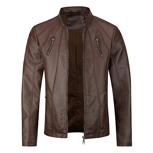 Sliktaa Herren Jacke aus Kunstleder mit Stehkragen Übergangsoberteil Lässig Motorrad Piloten Reißverschluss Casual Klassisch Lederjacke(Braun 2 M) von Sliktaa