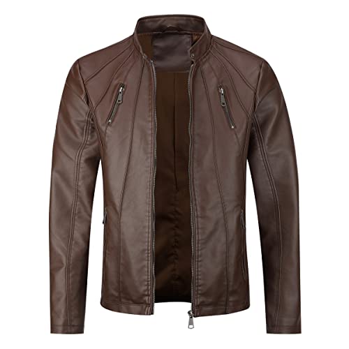 Sliktaa Herren Jacke aus Kunstleder mit Stehkragen Übergangsoberteil Lässig Motorrad Piloten Reißverschluss Casual Klassisch Lederjacke #2235018 Braun M von Sliktaa