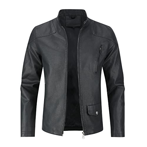 Sliktaa Herren Jacke aus Kunstleder mit Stehkragen Übergangsoberteil Lässig Motorrad Piloten Reißverschluss Casual Klassisch Lederjacke(Schwarz 3 M) von Sliktaa