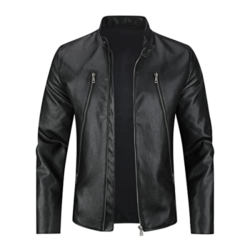 Sliktaa Herren Jacke aus Kunstleder mit Stehkragen Übergangsoberteil Lässig Motorrad Piloten Reißverschluss Casual Klassisch Lederjacke(Schwarz 4 M) von Sliktaa