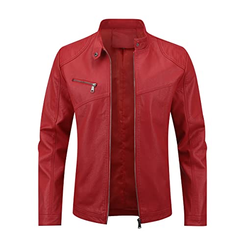 Sliktaa Herren Jacke aus Kunstleder mit Stehkragen Übergangsoberteil Lässig Motorrad Piloten Reißverschluss Casual Klassisch Lederjacke(Rot L) von Sliktaa