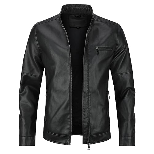 Sliktaa Herren Jacke aus Kunstleder mit Stehkragen Übergangsoberteil Lässig Motorrad Piloten Reißverschluss Casual Klassisch Lederjacke #PY06 Schwarz M von Sliktaa