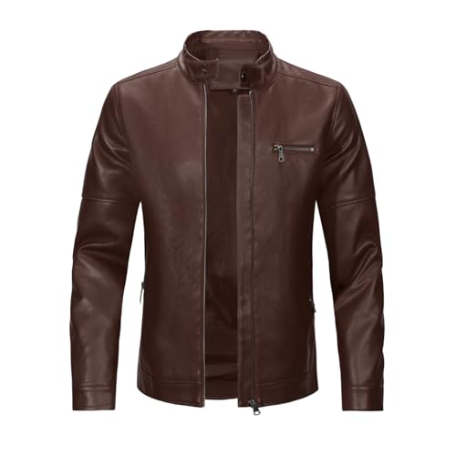 Sliktaa Herren Jacke aus Kunstleder mit Stehkragen Übergangsoberteil Lässig Motorrad Piloten Reißverschluss Casual Klassisch Lederjacke #PY06 Braun S von Sliktaa