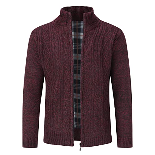 Sliktaa Herren Strickjacke Festival Cardigan Warm Trachtenjacke Mode Schlichter Pullover Langarm Sweatjacke Reißverschluss(Rot 3L) von Sliktaa