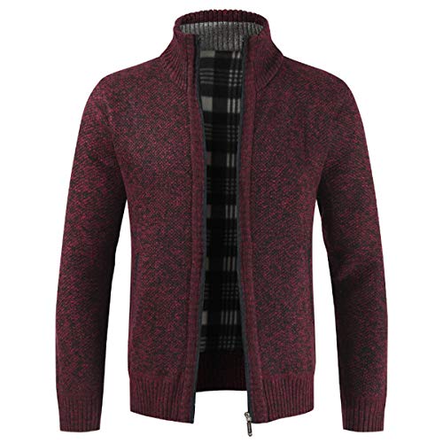 Herren Strickjacke Warm Fleece-gefüttert Wintermantel mit durchgehendem Reißverschluss Weinrot M von Sliktaa