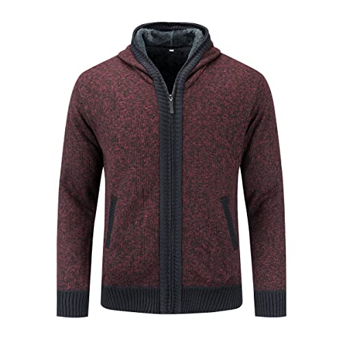Sliktaa Herren Strickjacke mit Kapuze Reißverschluss Winddicht Warm Hoodie Pullover Winter Herbst Rot 3XL von Sliktaa