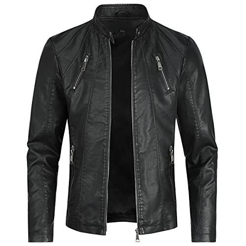 Sliktaa Herren Jacke aus Kunstleder mit Stehkragen Übergangsoberteil Lässig Motorrad Piloten Reißverschluss Casual Klassisch Lederjacke(Schwarz 2 S) von Sliktaa