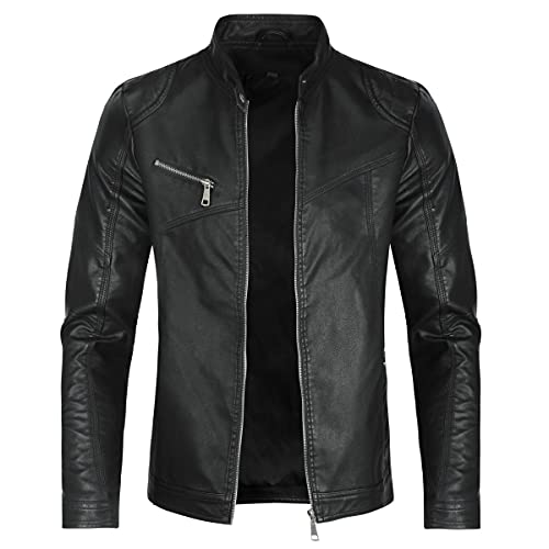 Sliktaa Herren Jacke aus Kunstleder mit Stehkragen Übergangsoberteil Lässig Motorrad Piloten Reißverschluss Casual Klassisch Lederjacke #PY08 Schwarz 3XL von Sliktaa
