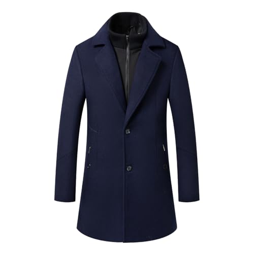Sliktaa Herren Wollmantel dicker Trenchcoat mittlerer Länge Mantel Kerbe Kragen warmer Mantel Herren Wintermäntel mit abnehmbaren Windschutz Innenkragen Blau XL von Sliktaa