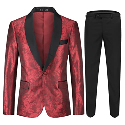 Sliktaa Herrenanzug Slim Fit Zweiteiler mit Blumenmuster Modern Bedruckter Geburtstagsfeier Hochzeit Party Sakko Hose Rot XL von Sliktaa
