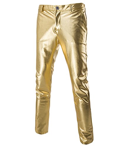 Sliktaa Hose Herren Lederhose Slim Fit Biker Hose Night Club Party Heißprägen Leichte Stoffe Mit Taschen Gold XXL von Sliktaa