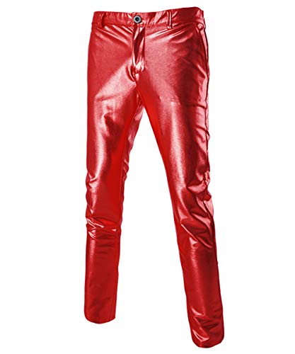 Sliktaa Hose Herren Lederhose Slim Fit Biker Hose Night Club Party Heißprägen Leichte Stoffe Mit Taschen Rot M von Sliktaa