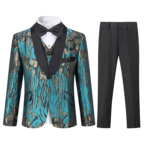 Sliktaa Jungen 3 Stück Anzüge EIN Knopf Anzüge Hochzeit Geburtstag Party Prom Performance Anzug Blazer Weste Hose Multicolour Pfauenblau 8 Jahre von Sliktaa