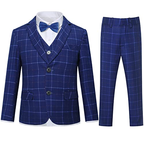Sliktaa Jungen 3 Stück Anzüge Karierter Slim Fit Hochzeitsanzug Für Party Abschlussball Geburtstag Einzelanzug Weste Und Hosenanzug Marineblau 10 Jahre von Sliktaa